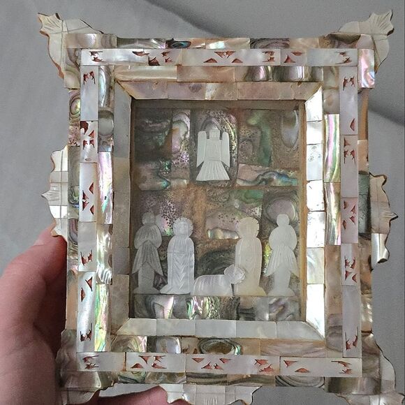 Antique Mother Of Pearl Inlay Holy Lady Nativity Diorama Icon Shadowbox AS IS - Picture 4 of 8